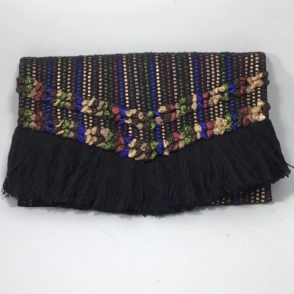 Stella & Dot Taj Black/Metallic Multicolored Woven Clutch.